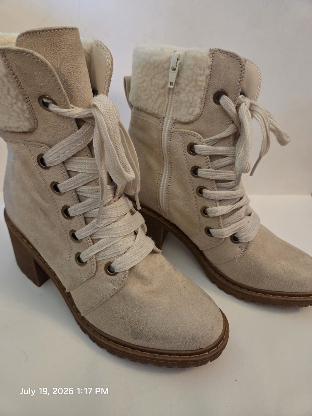Roxy Cream Lace-Up Sherpa Ankle Boots